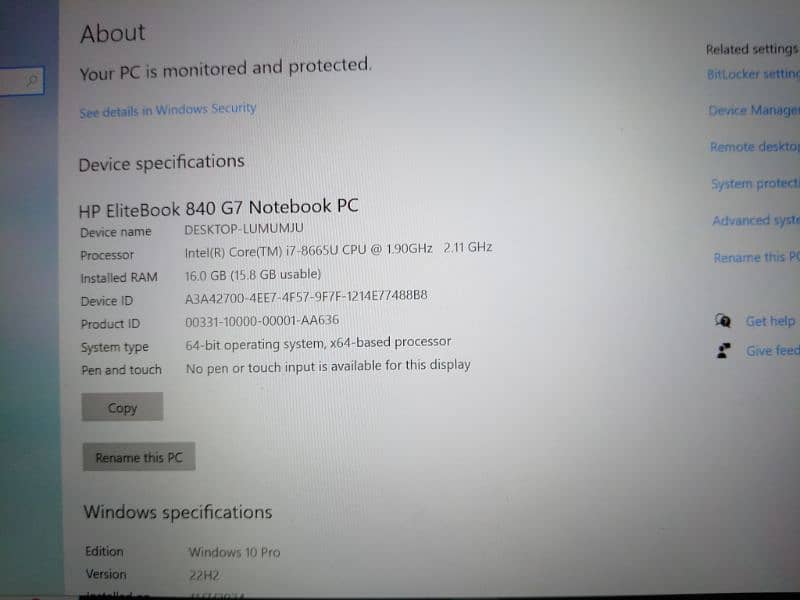 Laptop Hp EliteBook Core i7 8th Gen 16 GB Ram 2