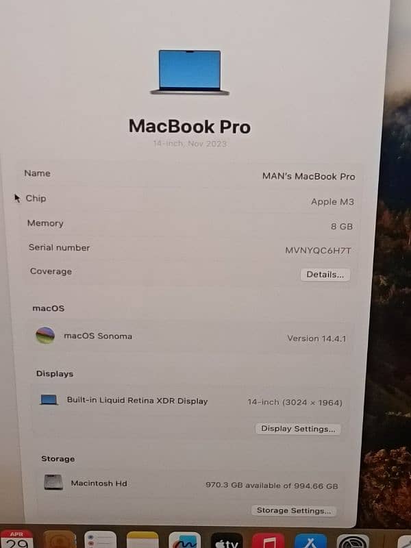 MACBOOK PRO M3 2023 14 INCH 8GB/1TB SSD 8 CORE CPU 10 CORE GPU 4 CYCLE 4