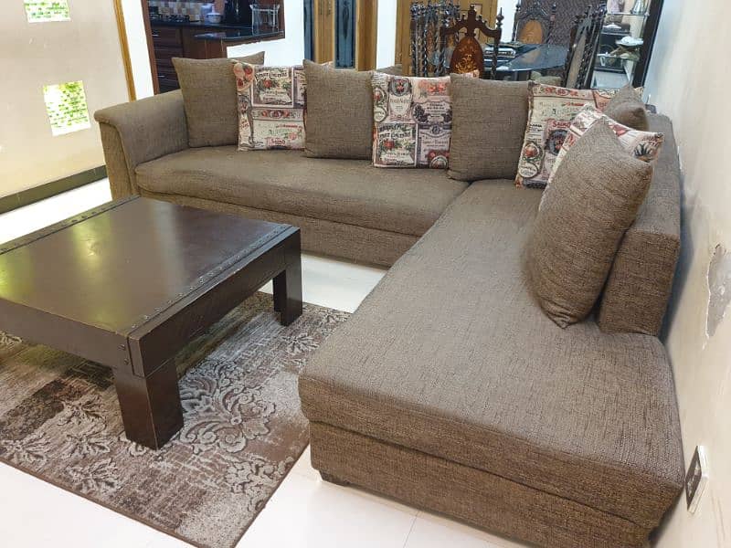 L shape 7 seater velvet cushions jute fabric + solid wood centre table 3