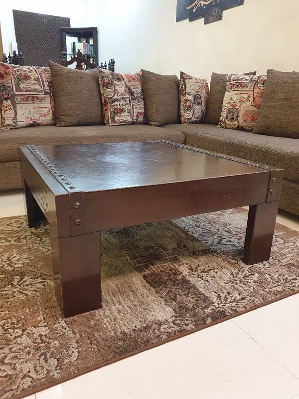 L shape 7 seater velvet cushions jute fabric + solid wood centre table 9