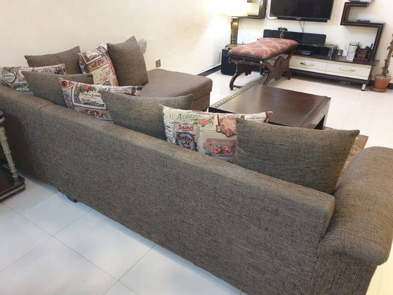 L shape 7 seater velvet cushions jute fabric + solid wood centre table 14