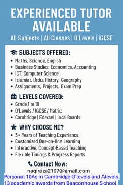 Experienced Tutor | All subjects | All classes | O'levels | IGCSE