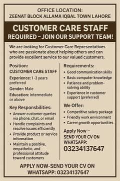 Customer Support (MALE) - Male Jobs - Lahore jobs - CSR