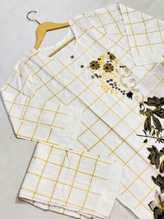 2 pcs women's stitched linen printed shirt and trouser