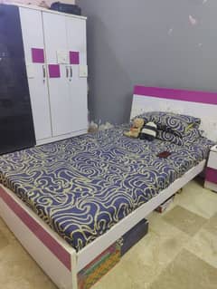single bed, 3 door cupboard, side table, dressing table, sliding stool