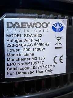Daewoo 11.0 Litre Electric Halogen Air Fryer, Imported