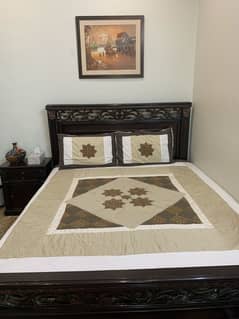 Queen size wooden Bed with mattress and one side table