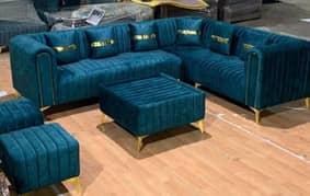 Luxurious Teal Velvet L-Shaped Sofa Set with Ottoman