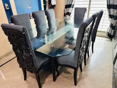 8 Wooden Chairs with Glass Dining Table