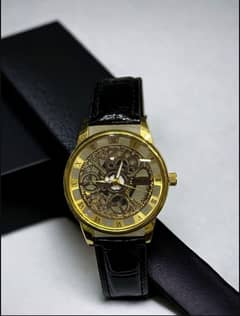 skeleton dial watch for men in leather strap
