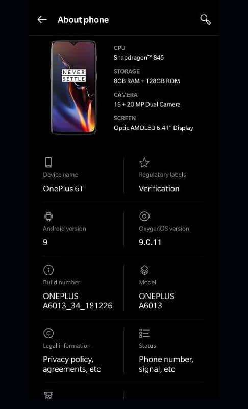 One Plus 6t dual sim approved 10/10 no dot no shade 03004587781 1