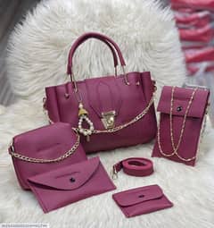 Stylish Womens Leather Hand Bags 5 Pcs   in Blue 'Black'Red'and Maroon