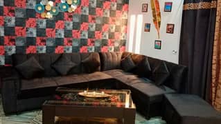 dark brown Sofa Set With Table & Curtains