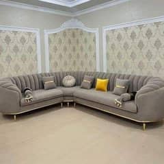 Elegant Beige Velvet L-Shaped Sofa Set with Gold Accents
