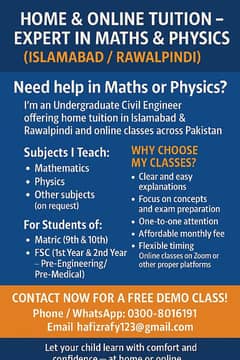 Home & Online Tuition for Matric & FSC – Expert in Maths & Physics