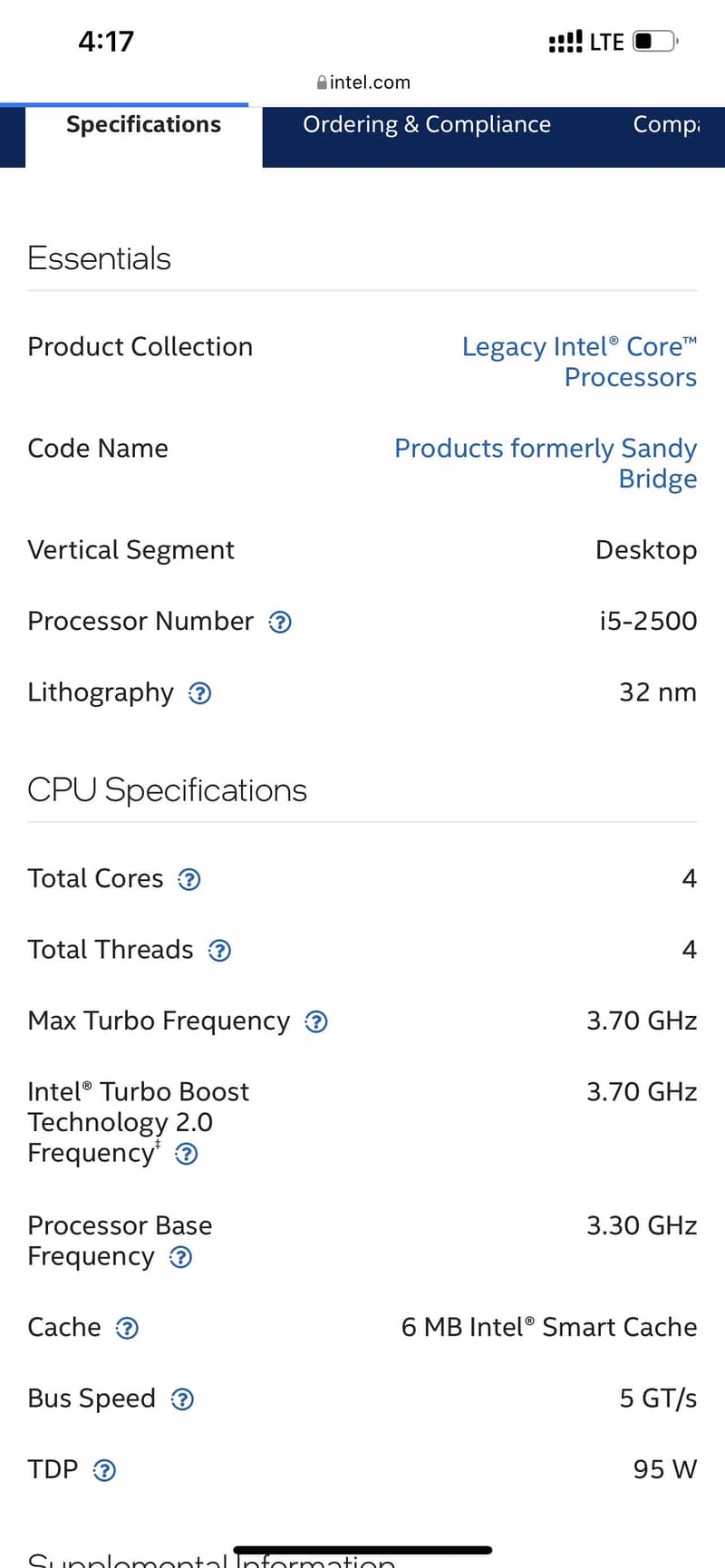 intel i5 2500 CPU 4C 4T Gaming Processor 4
