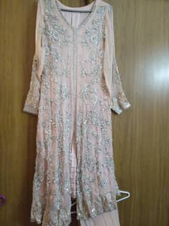 Formal Baby pink long shirt with raw silk trouser and chiffon dupatta