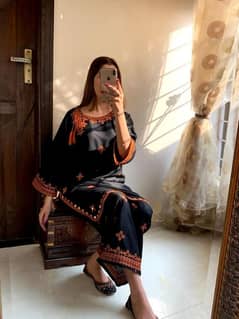2pcs womens stitched linen emboridered shrit and troser