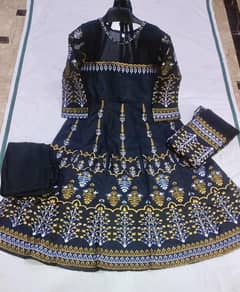 Elegant Teal katan silk Black Printed maxi suit-3pcs