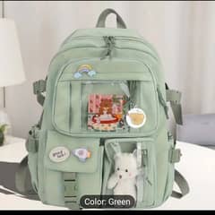 Cute Begs Green Backpack with Plush Toy & Clear Pocket for Girls