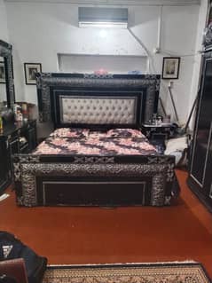 Bed without matress with two side tables, Dressing Table, Almari