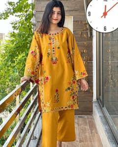 Elegant Mustard Embroidered Shirt and Trouser  Set - 2 Pcs