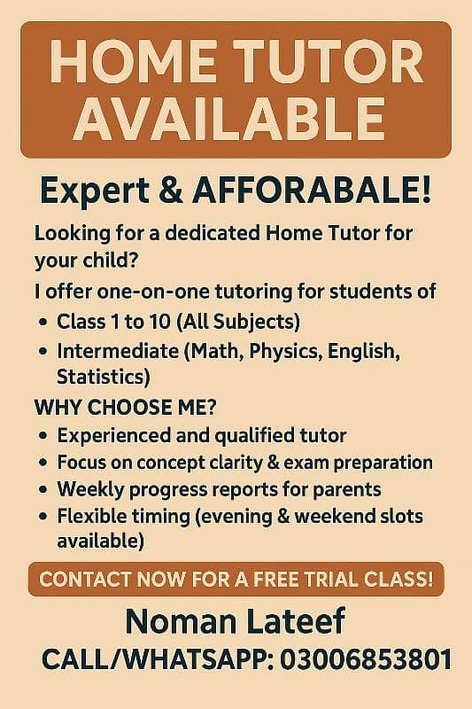 Experienced Home Tutor Available – Class 1 to 10 & Intermediate 0