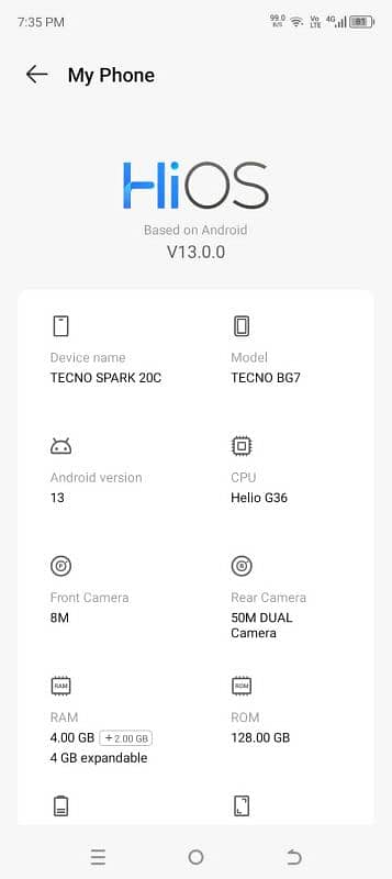 Thecno spark 20c 4+4= 8/128 10/10 condition Box and set. pack set hay 7