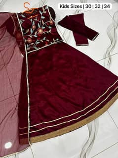 3 Pcs Girl's Raw Silk Embroidered Shirt And Skirt Set