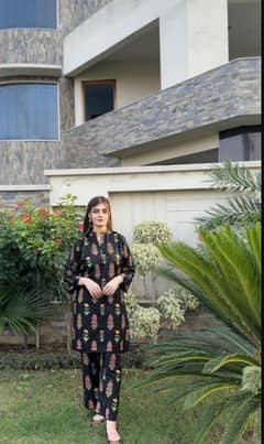 2 Pcs Women's Stitched Linen Printed Shirt And Trouser