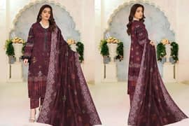 3 Pcs Women's Unstitched Dobby Lawn Embroidered Suit
