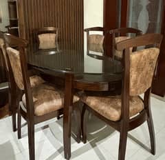 Oval Dining Table with 6 Chairs, Wooden Base and Glass Top