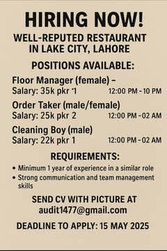 Female Manager , male order taker , cleaning boy