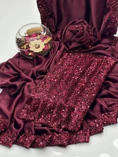 2 Pcs Women’s Shamoz Silk Sequins Embroidered Unstitched Saree