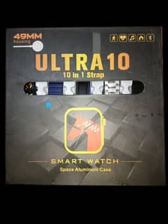 Ultra 10 Bluetooth Smartwatch with 10 straps and a cover.