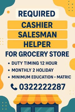REQUIRED CASHIER, SALESMAN, HELPER ON GROCERY STORE