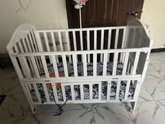 Imported White Wooden Baby Cot with Mattress & Mosquito Net – Like New