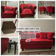 5 seater sofa ,2 side tables,2 oottoman stools,1 coffee table