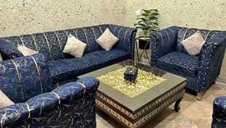 Stylish 7 Seater Blue Sofa Set | Velvet Sofa | Golden Touch | Like New