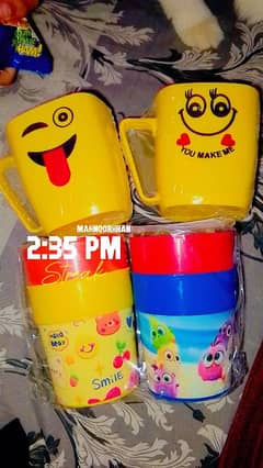 Plastic mugs and glass