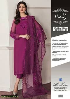 3 Pcs Women's Unstitched Chiffon Embroidered Suit