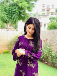 2 Pcs Women's Stitched Linen Printed Shirt And Trouser - Purple