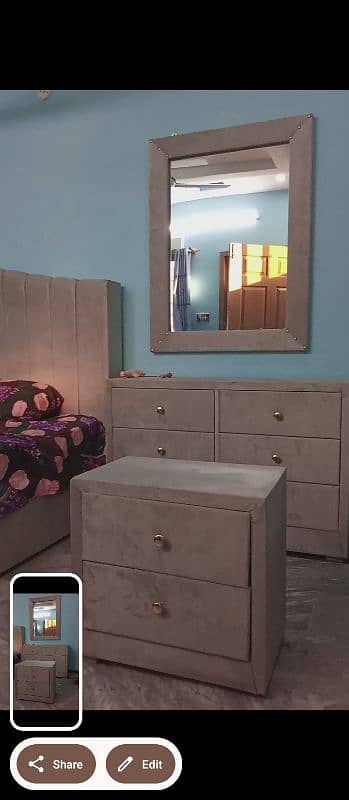 king bed with storage space + two side tables+ dressing table & mirror 0