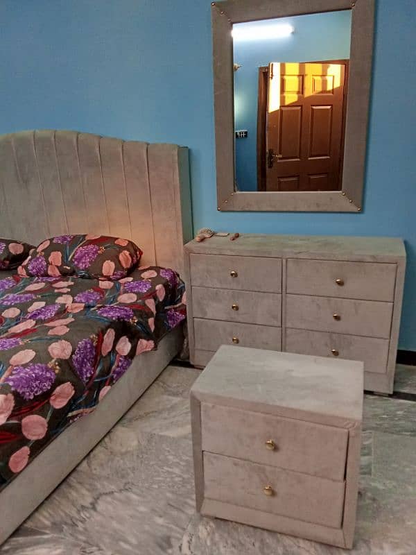 king bed with storage space + two side tables+ dressing table & mirror 1