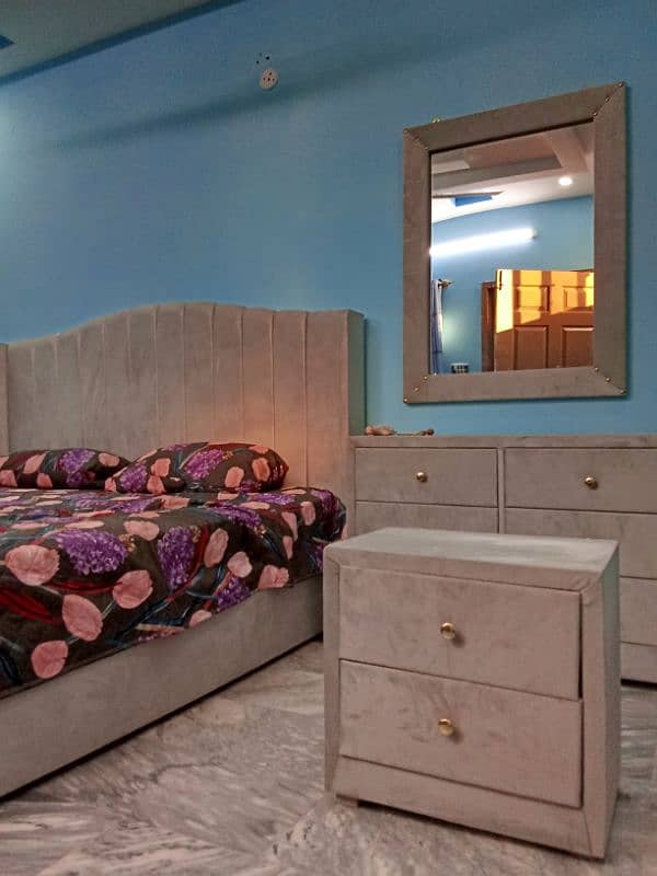 king bed with storage space + two side tables+ dressing table & mirror 3