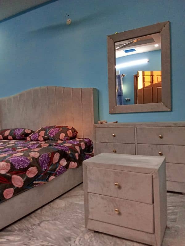 king bed with storage space + two side tables+ dressing table & mirror 4