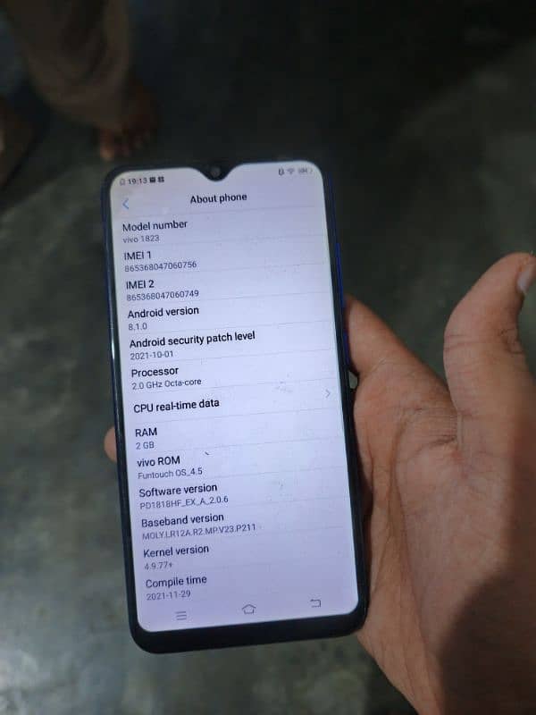 vivo 1823, Android version:8.1. 0, Processor:2.0 GHz Octa-core 10/9 he 7