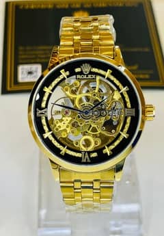R-1 gold black chain strap Skeleton automatic watch