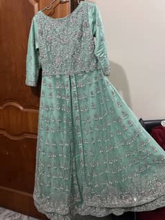 Sea green Maxi dabka and beads work on net with dupatta and trouser