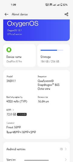 One Plus With 12+12 Ram 256 Rom